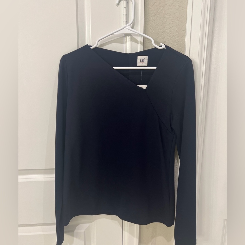CAbi Black Long-Sleeve V-Neck Asymmetric Top